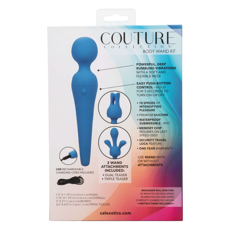 Blue Couture Collection Body Wand Kit packaging showcasing powerful vibrations and flexible neck features for luxurious pleasure.