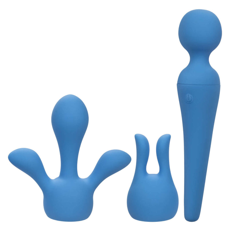 Couture Collection Body Wand Kit in blue with attachments, offering luxurious deep vibrations & elegant design for a sensual massage experience.