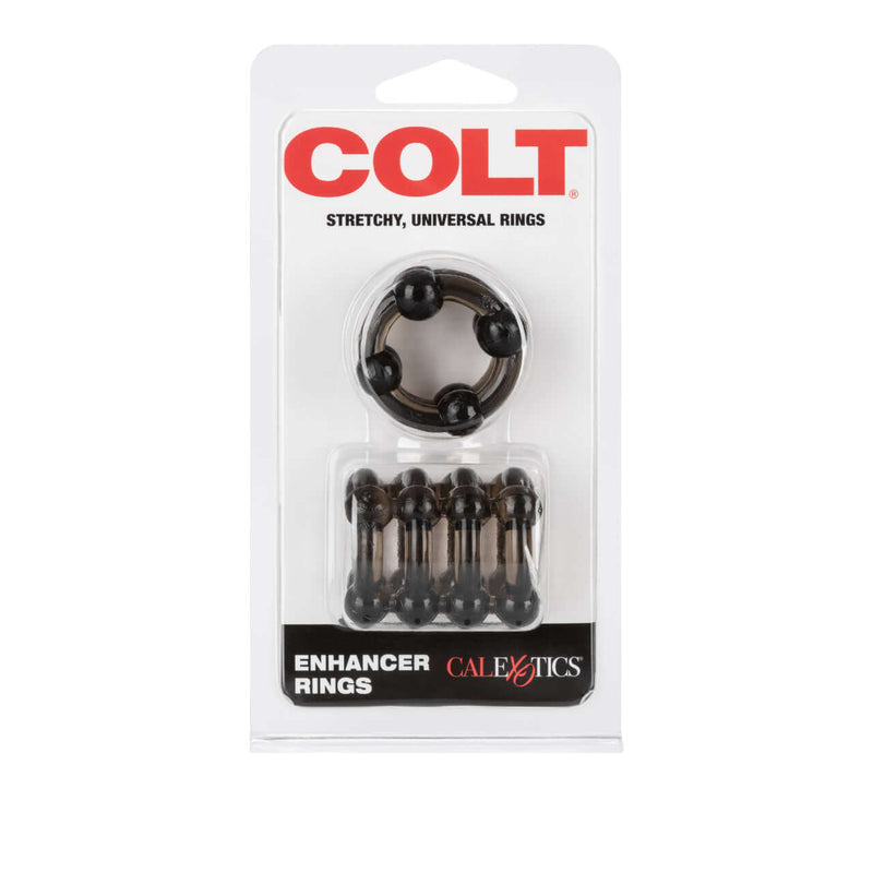 Smoke Colt Enhancer Rings packaging displaying soft, stretchy, comfortable erection enhancers for enhanced pleasure and stamina.