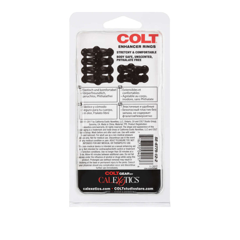 Packaging of Colt Enhancer Rings - Smoke; soft, stretchy, and comfortable erection enhancers made from phthalate-free materials.