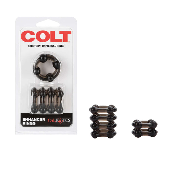 Colt Enhancer Rings - Smoke packaging and product view, featuring soft, stretchy, comfortable erection enhancers for prolonged pleasure.