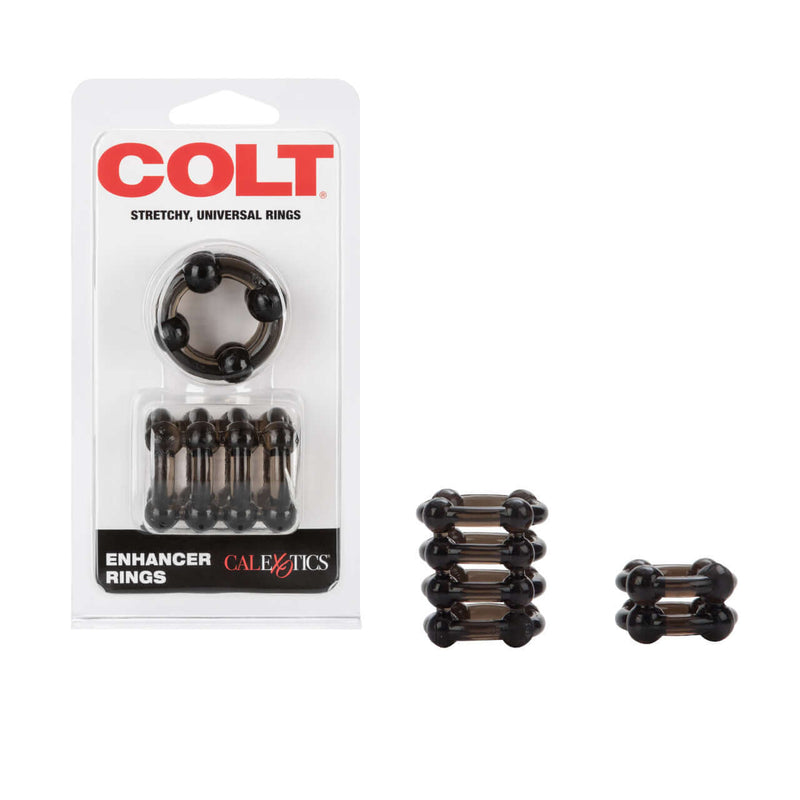 Colt Enhancer Rings - Smoke packaging and product view, featuring soft, stretchy, comfortable erection enhancers for prolonged pleasure.