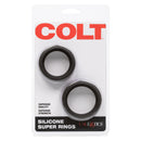 Colt Silicone Super Rings Black package featuring two stretchy erection enhancers from California Exotic Novelties.