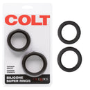 Colt Silicone Super Rings Black packaged with two stretchy erection enhancers from California Exotic Novelties.