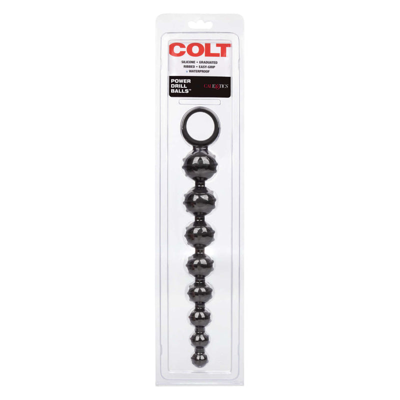 Colt Power Drill Silicone Anal Beads in Black packaging, featuring graduated ribbed design and easy grip pull ring.