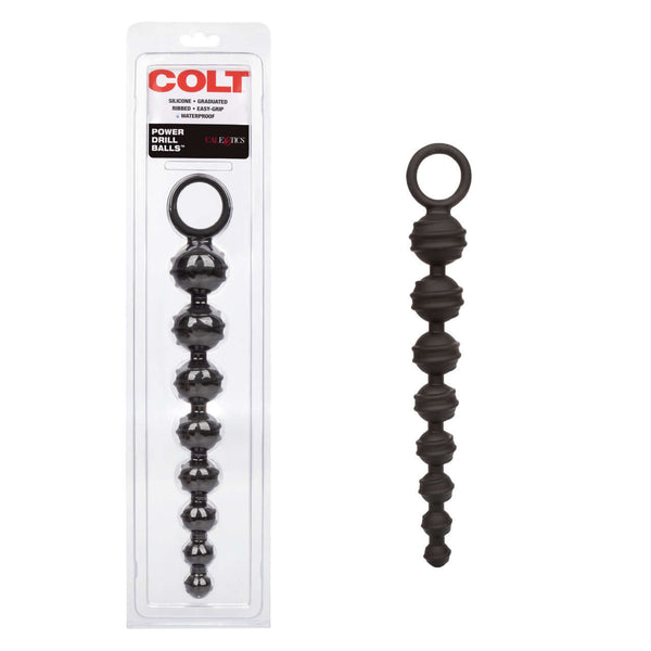 Colt Power Drill Silicone Anal Beads in packaging, graduated ribbed design for enhanced anal sensation.