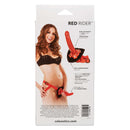 Red Rider Strap-on Set Harness packaging featuring a woman showcasing the harness and curved dong.