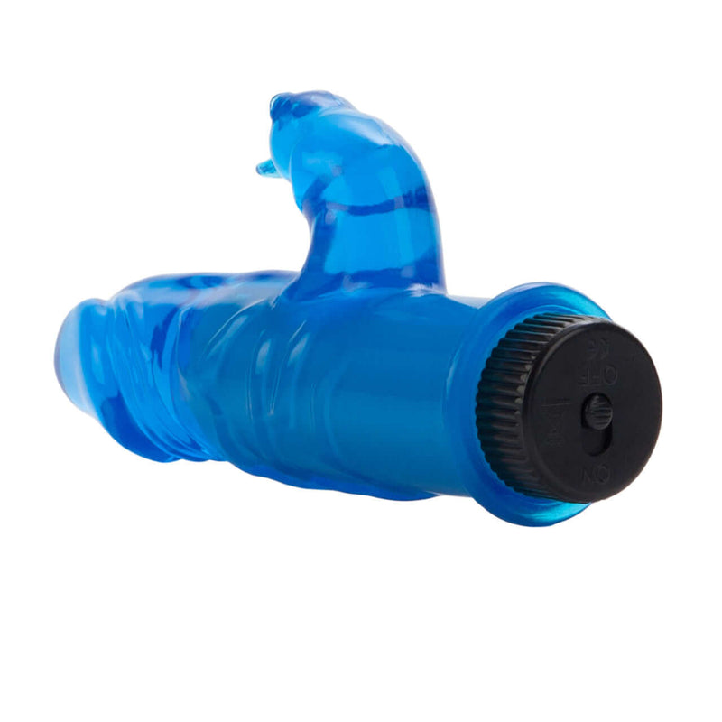 Crystal Playmate Blue Dual Vibrator from California Exotic Novelties, featuring a sleek, soft jelly material design for ultimate dual stimulation.