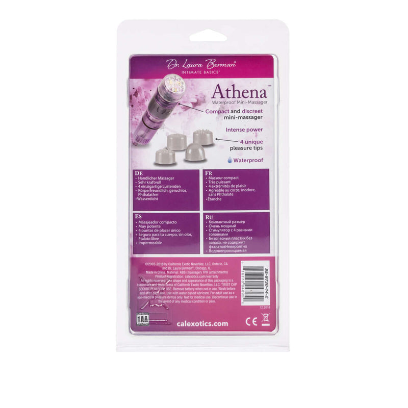 Back packaging of Dr. Laura Berman Athena Waterproof Mini Massager with product details and features, purple and white design.