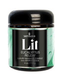 Sensuva Lit Eucalyptus & Tea Leaf Releaf Massage Candle 4 Oz in a luxury jar for relaxation and self-care.