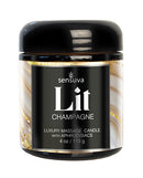 Sensuva Lit Champagne Luxury Massage Candle 4 oz in a stylish jar for romantic and pampering experiences.