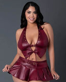 Lust Fetish Seraphina Burgundy Queen Size lingerie set featuring a halter top and flared skirt for bold seduction.