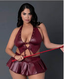 Lust Fetish Seraphina Burgundy Queen Size lingerie set featuring a daring halter design and flared skirt.