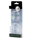 Sport Fucker Boner Cock Ring Expansion Kit Clear in packaging, featuring two square donut rings for enhanced sexual pleasure.