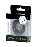 Packaging of Sport Fucker The Wedge Silicone Cock Ring Black, showcasing its minimalist design and sleek appearance.