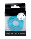 Sport Fucker Chubby Cockring Ice Blue in packaging, showcasing its stretchy design and comfortable fit.