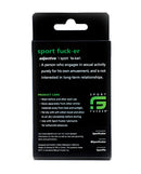 Sport Fucker Chubby Cockring Clear packaging and product care instructions on a black background.