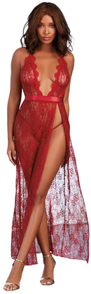 Dreamgirl Lace Gown and G-String Set Medium Garnet displayed on model, featuring plunging neckline and elegant lace design.