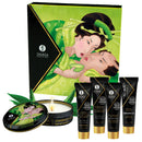Shunga Geisha's Secrets Organica Exotic Green Tea Gift Set featuring bath products and a candle.