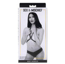 Sex & Mischief Shadow Body Harness packaging view featuring a model showcasing the harness design.