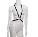Sex & Mischief Shadow Body Harness in black faux leather on a mannequin for bold fashion styling.