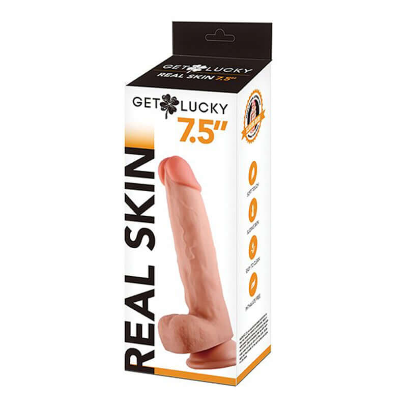 Shibari Get Lucky 7.5 inches flesh beige dildo packaging, realistic feel with suction cup and harness compatibility.