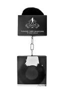 Ouch Pleasure Handcuffs Furry Black packaging featuring soft fur and secure metal design for playful bondage.