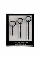 Ouch Urethral Sounding Plug Set Black displayed in packaging with three flexible silicone dilators for urethral stimulation.