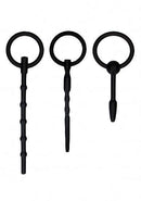 Ouch Urethral Sounding Plug Set Black featuring three flexible silicone dilators in black.