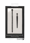 Silicone Beginners Plug Set Urethral Sounding Black packaging showing two plugs for controlled stimulation.