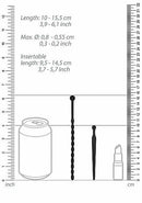 Silicone Beginners Plug Set Urethral Sounding Black size chart with dimensions and lengths for plugs.