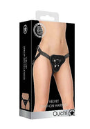 Ouch! Velvet Strap-On Harness packaging, featuring O-Ring and adjustable design for comfortable use.