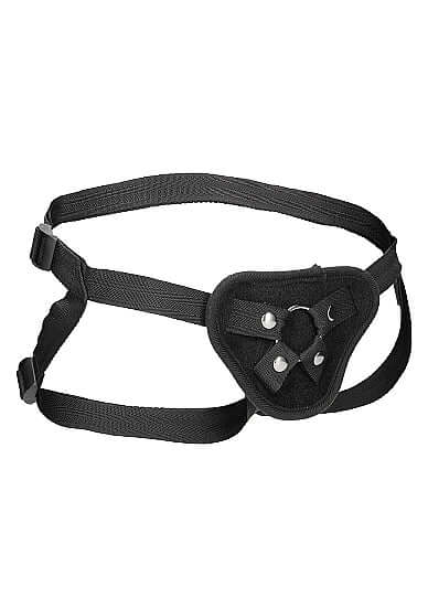 Ouch! Velvet and Velcro strap-on harness with O-ring, adjustable black design for enhanced intimacy and comfort.