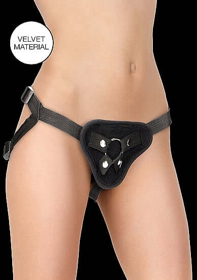 Ouch! adjustable black velvet harness with O-ring, ideal for strap-on adventures and intimacy.