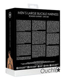 Shots Ouch Men's Large Buckle Harness Black packaging showcasing features and details of the chest harness.