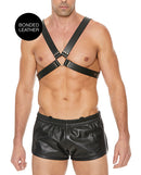 Shots Ouch Men's Large Buckle Harness Black worn by a male model showcasing its bold design and bonded leather.