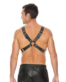 Shots Ouch Men's Large Buckle Harness Black displayed on a male model from the back, showcasing its bold design.