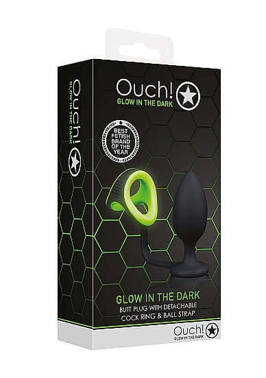 Ouch! Glow Butt Plug with detachable cock ring and ball strap, glow in the dark packaging design.
