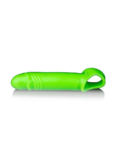 Fluorescent green glow-in-the-dark stretchy penis sleeve with ball strap for added length and girth, made from phthalate-free TPE.