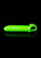 Fluorescent green glow-in-the-dark penis sleeve with ball strap on black background.