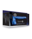 Ouch 8 Inch Ribbed Hollow Strap On with Balls Metallic Blue packaging featuring ribbed design and bold color.