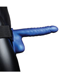 Ouch 8 Inch Ribbed Hollow Strap On with Balls Metallic Blue attached to harness displaying ribbed design.