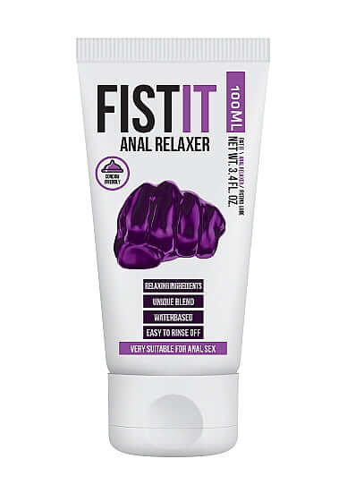 PharmQuests Fist It Anal Relaxer 100ml water-based lubricant tube - dermatologically tested, safe for latex condoms and all toy types