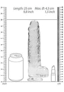 Realrock Crystal Clear Dildo with Balls 9 inches next to a soda can and lipstick for size comparison.