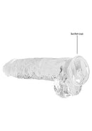 Realrock Crystal Clear Dildo with Balls 9 inches featuring detailed sculpting and a suction cup for versatile use.