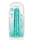 RealRock Crystal Clear 10 Inch Straight Dildo Turquoise in packaging with suction cup base.