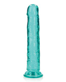 RealRock Crystal Clear 10 Inch Straight Dildo Turquoise showcasing a smooth turquoise design with suction cup base.