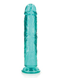 RealRock Crystal Clear 10 Inch Straight Dildo Turquoise in a bold translucent turquoise design.