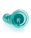 RealRock Crystal Clear 10 Inch Straight Dildo Turquoise with a smooth turquoise texture and suction cup base.
