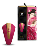 Shunga Obi Intimate Massager Raspberry next to its elegant packaging featuring a traditional Japanese design.